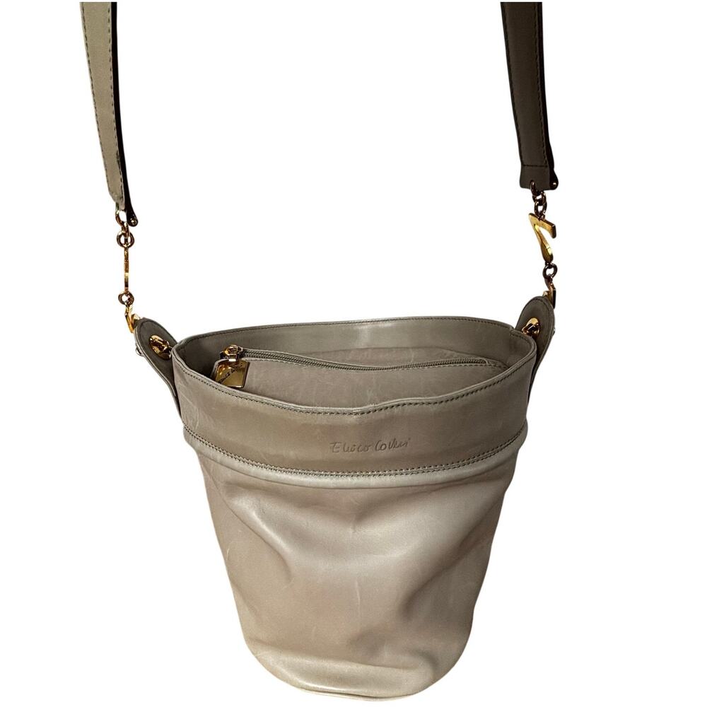 Enrico Coveri taupe leather shoulder bag bucket purse numbers gold chain straps